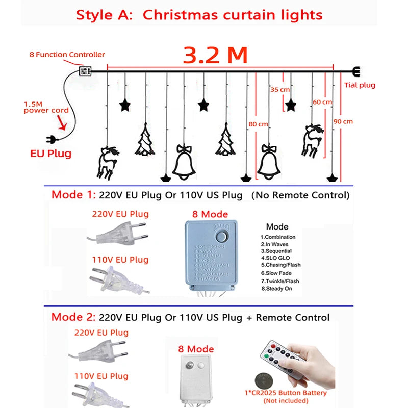 3.2M LED Christmas Fairy Lights with Stars, Deer, and Bells - Fugazi 