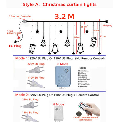 3.2M LED Christmas Fairy Lights with Stars, Deer, and Bells - Fugazi 