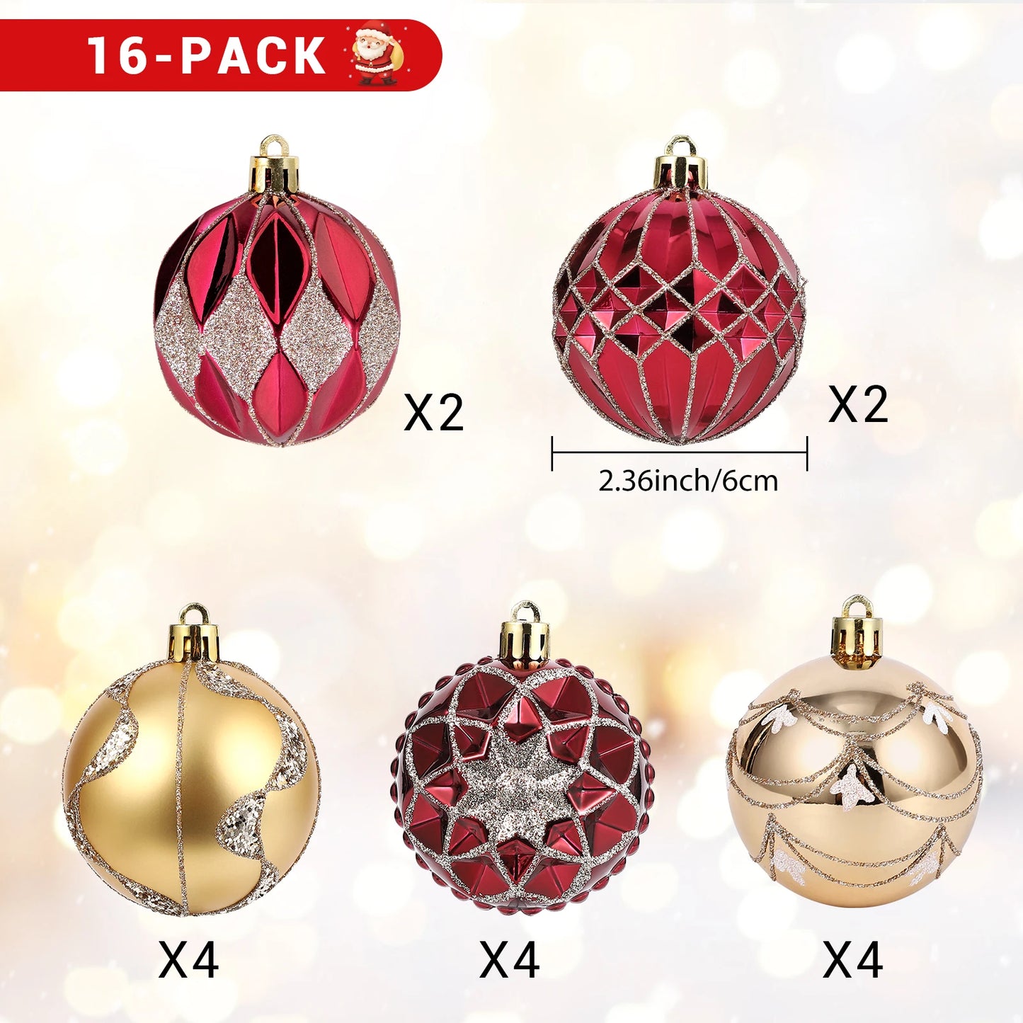 16 Pcs Shatterproof Christmas Ball Ornaments Set - Fugazi 