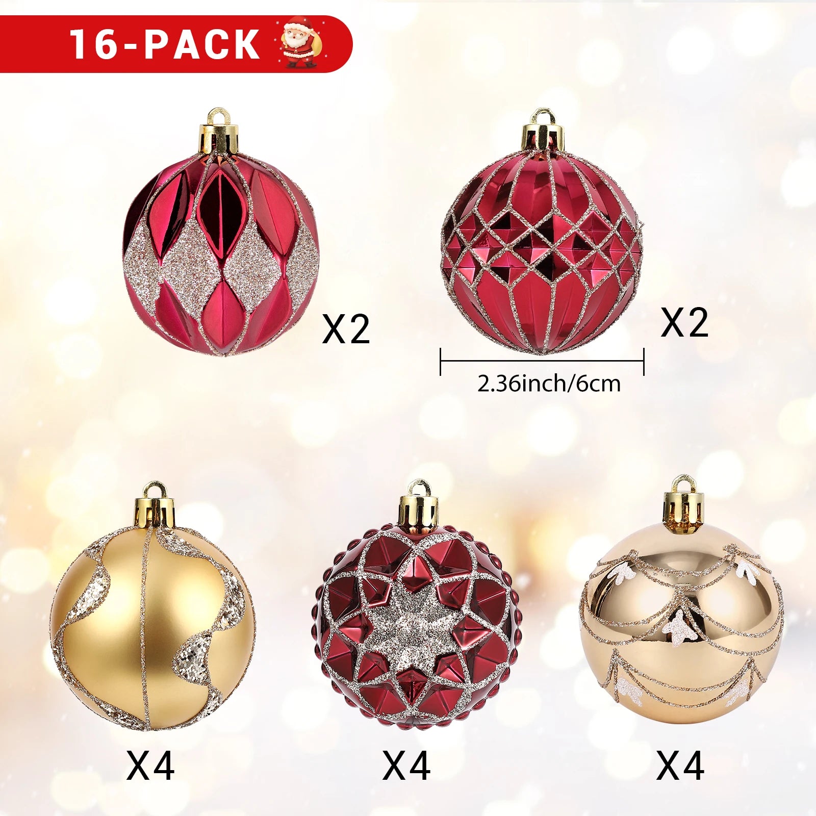 16 Pcs Shatterproof Christmas Ball Ornaments Set - Fugazi 